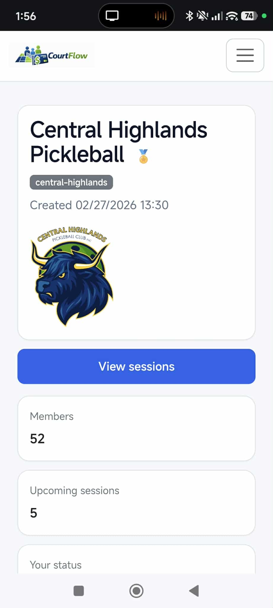CourtFlow club details screen
