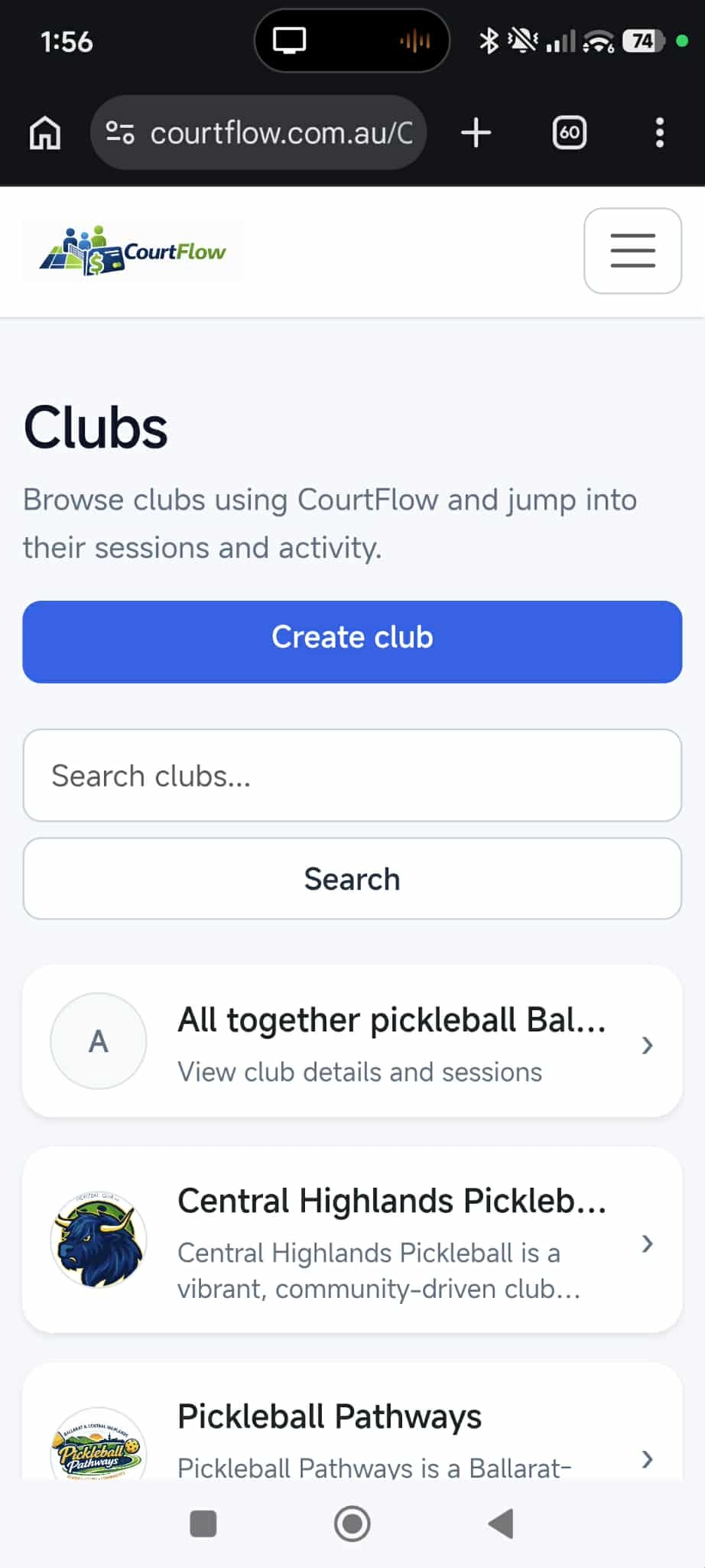 CourtFlow clubs screen