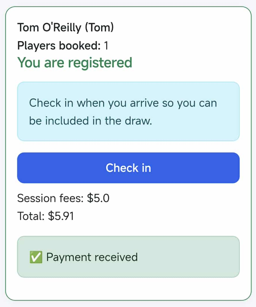 CourtFlow payment and check-in screen