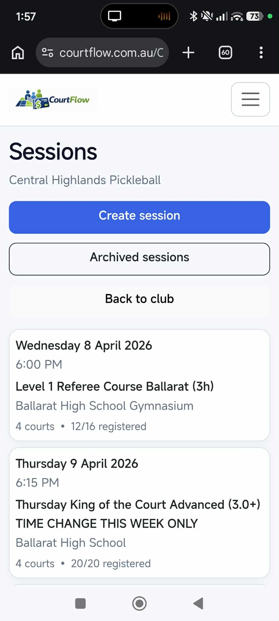 CourtFlow sessions screen